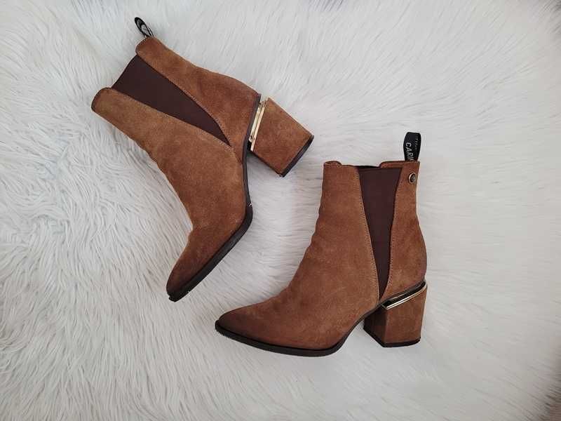 Brązowe, skórzane - zamszowe buty botki na obcasie klocku, Carinii, 37