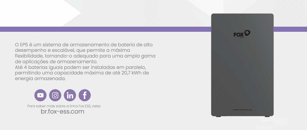 Bateria Solar HV Fox ESS EP5 5.18kWh NOVA c/ fatura 10 Anos Garantia