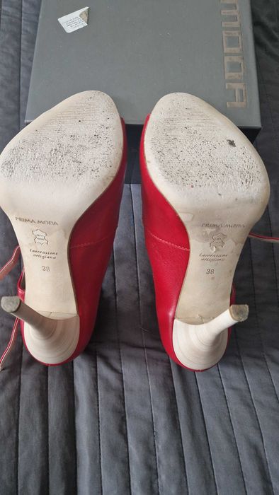 Prima moda, czerwone, seksowne, otwarte skórzane szpilki / eleganckie sandałki na szpilce, rozm. 38