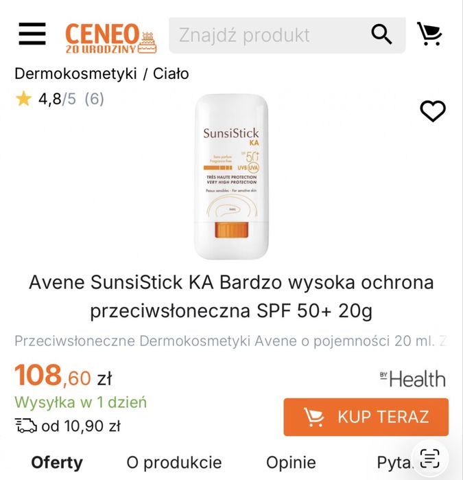 Avene SPF 50+  sunsiStick Ka bardzo wysoka ochrona przeciwsłoneczna