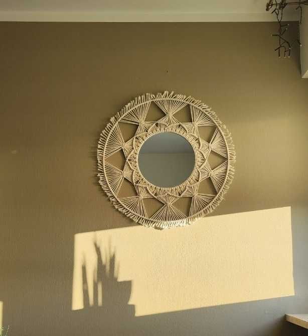 Lustro okrągłe z plecionką boho makrama 65 cm wiszące dekoracja