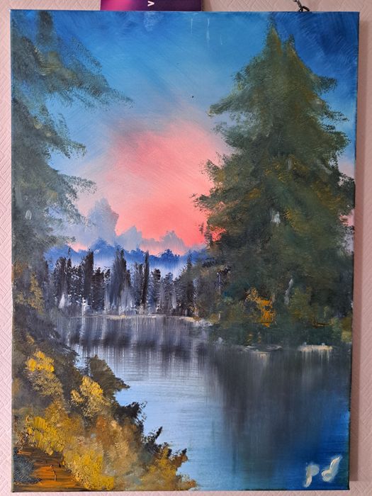 Pejzaż jezioro w lesie - olej na płòtnie