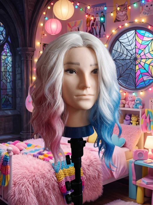 Nowa peruka lace front fale blond różowy niebieski Harley Quinn Enid