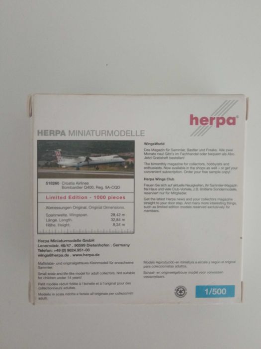 Herpa - Bombardier Q400 1:500 Croatia Airline - Diecast