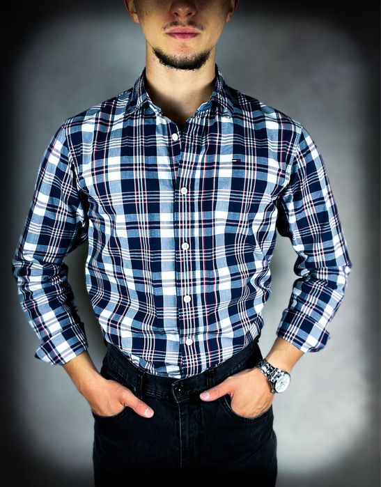 (S) Tommy Hilfiger Nowa Męska Koszula Biała Czerwona Granatowa Bawełna