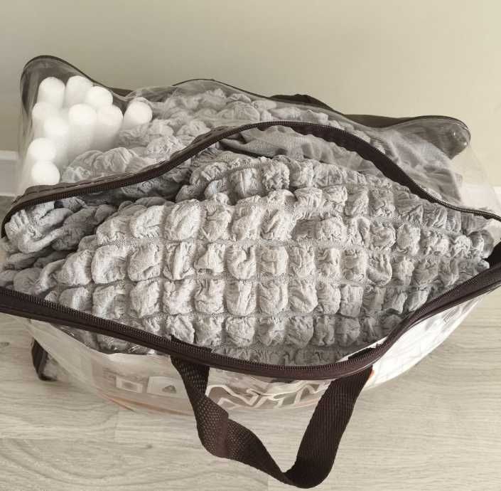 Чохли на диван і крісла універсальні з оборкою жатка Сірий