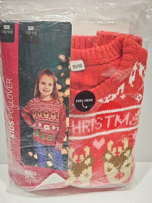 Świąteczny Sweter Dziecięcy Czerwony Renifer Mikołaj Choinka 110/116