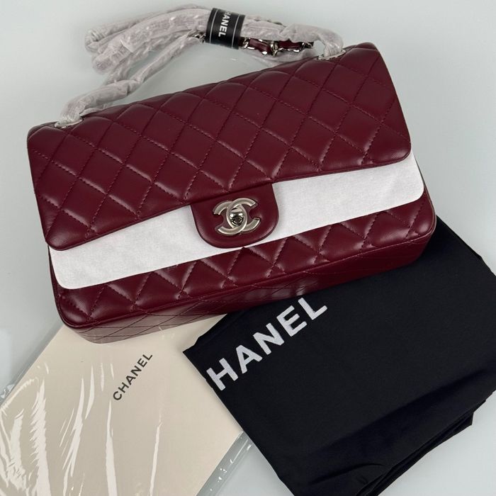 Сумка з натуральної гладкої шкіри Chanel бордова, фурнітура срібна