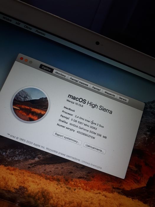Macbook sierra 10.13 2.4 hub 250gb 13.3 bialy Tylko  380 cykli