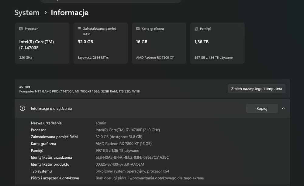 Sprzedam komputer i7-14700f 32GB ram RX 7800xt 1TB dysk