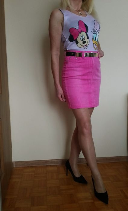 ELEGANCKI zestaw spódnica mini róż jeans+ bluzka+ sweter alpaka S M L