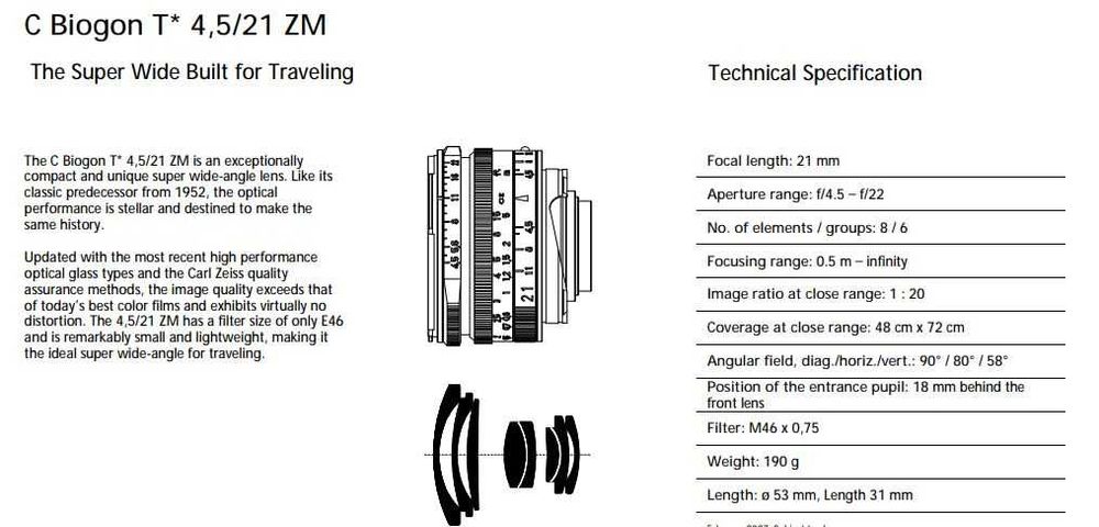 CARL ZEISS C Biogon 21mm f/4.5 T* ZM Leica M *** znakomity stan ***