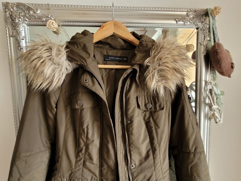 ZARA Woman,kurtka,ocieplana parka,khaki/zielony,kaptur,futerko,r.XS