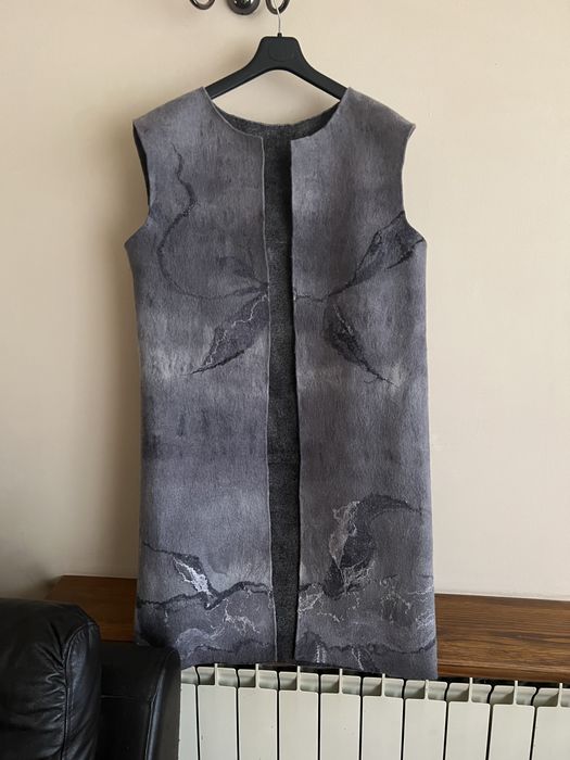 Fioletowa, szara, wełniana, długa kamizelka, wełna, filc