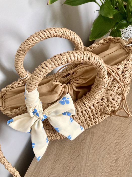 Modna Torebka Koszyk na Ramię z Apaszką Kwiaty Boho