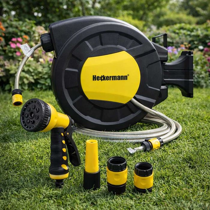 Wąż Ogrodowy Zwijany Automatyczny Bęben Pistolet Zraszacz Końcówki 30m