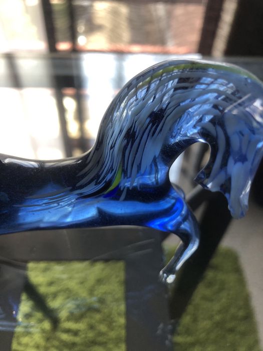 Cavalo em Vidro Soprado Azul Estilo Murano - Peça Decorativa Itália