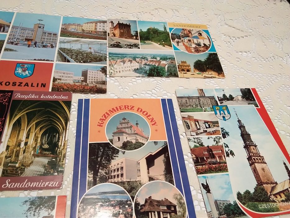 7 widokówek z PRL, Koszalin, Sandomierz, Kazimierz Dolny, Częstochowa.