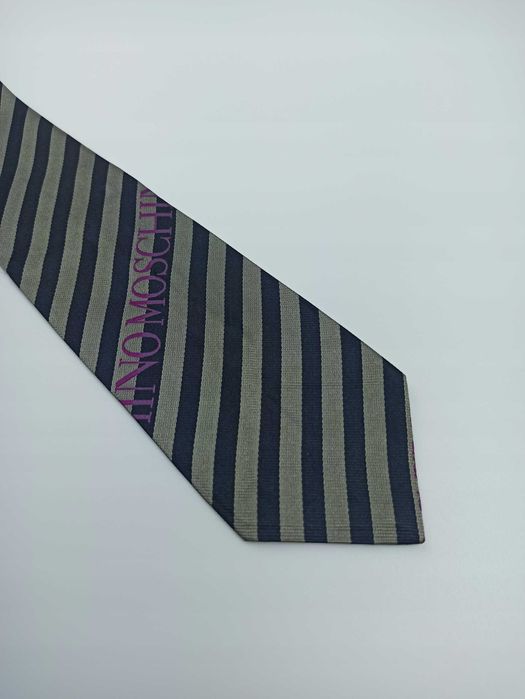 Moschino granatowy srebrny jedwabny krawat w paski mos07