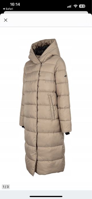 4F płaszcz zimowy puchowy długi beżowy kurtka  oversize L
