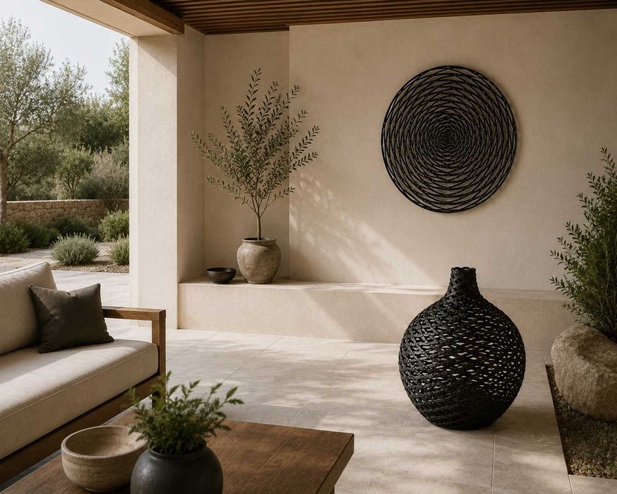 Conjunto Decorativo Japandi em Metal — Cesto + Rosácea