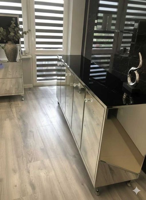 Lustrzana komoda 180cm czarny lacobel glamour cichy domyk noga ludwik