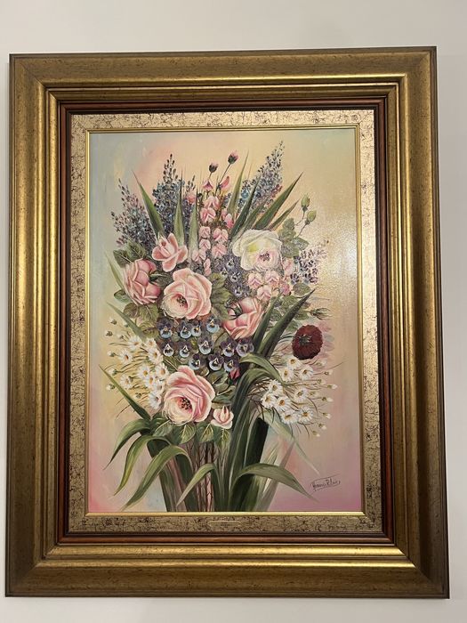 Quadro original a óleo – A. Ribeiro – Natureza Morta Floral – Moldura Dourada