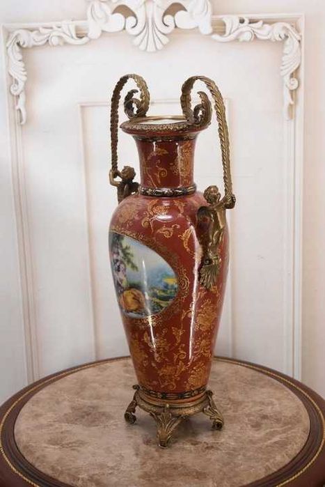 Porcelanowy Czerwony Wazon Waza - Aniołki Amory - Porcelana + Brąz