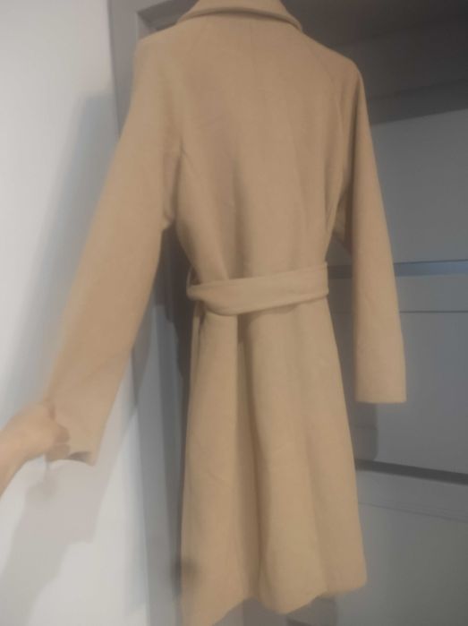 Maxi długi płaszcz damski wełna owcza oversize camel