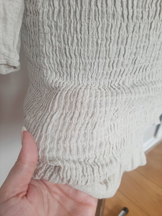 Lniano bawełniana sukienka z długim rękawem Zara i dopasowaną spódnicą