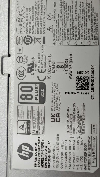 Fonte de Alimentação HP 500W 80+GOLD Alta Eficiência