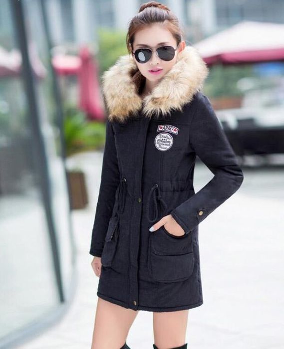 Kurtka damska czarna zimowa parka podszewką futerkiem L