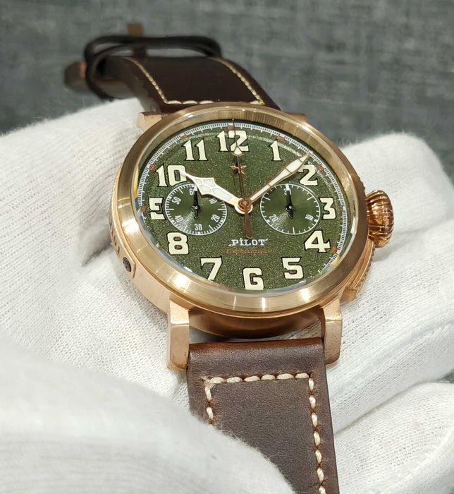 Чоловічий годинник Pilot Bronza Chronograph Mechanical Blue 42mm 100m
