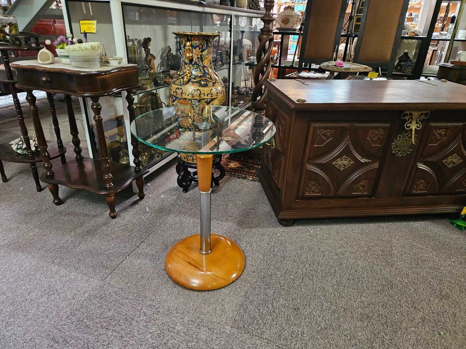 Mesa de centro redonda em madeira e vidro - óptimo estad