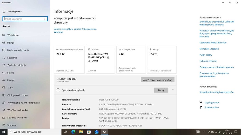 Laptop Dell Precision 7520 FHD i7 24GB 1,14TB SSD Quadro M2200 4GB