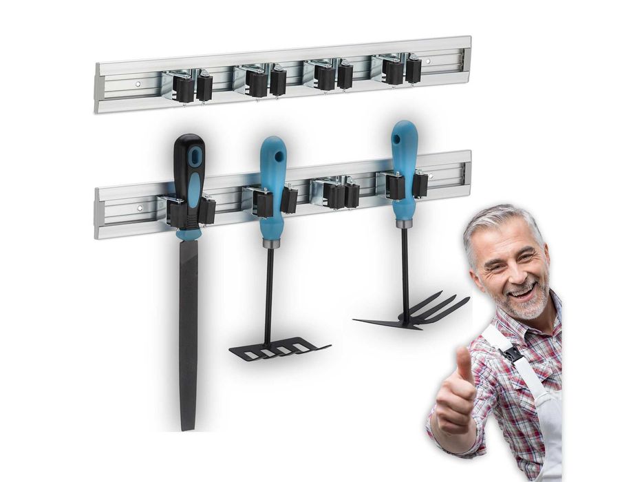 Zestaw Uchwyty Ścienne Na Narzędzia Do Garażu 2 szyny 4 zaciski