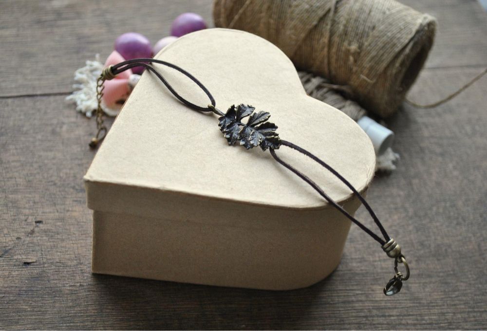 Bransoletka Liść Eko Boho Stare Złoto Skórzany Rzemyk Handmade