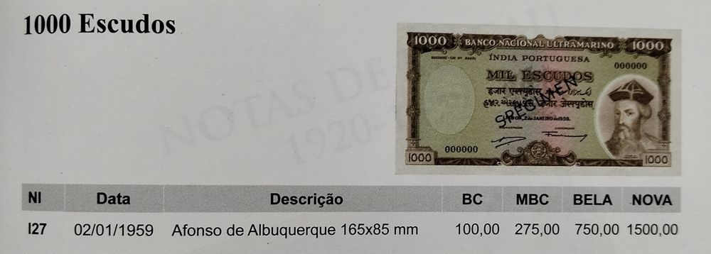 Nota 1000$ 1959 Índia Portuguesa Estado Bela Muitíssimo Rara
