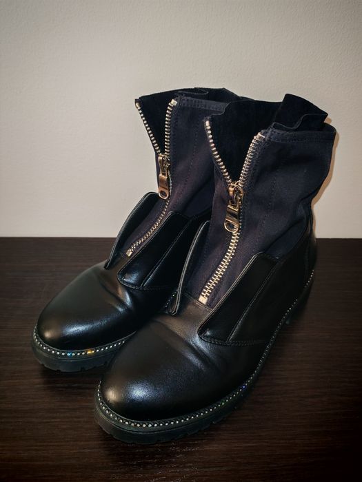 Czarne buty botki nylonowe skórzane cyrkonie błyszczące