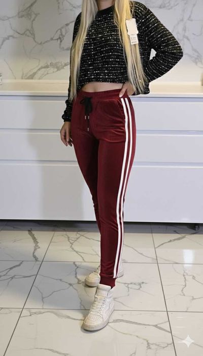 Leginsy welurowe na gumce bordowe czerwone metka s/m lampasy