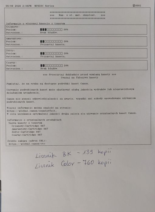 Canon i-SENSYS MF651Cw drukarka A4 kolor NISKI LICZNIK