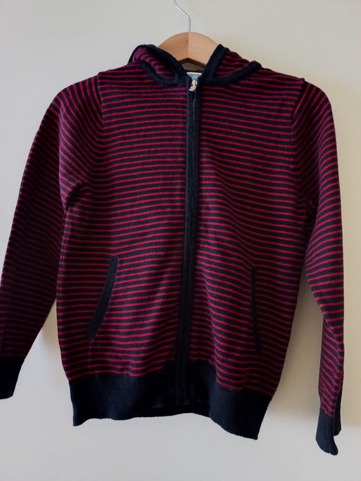 Casaco de malha, riscas azuis e vermelhas, capuz, 4 anos, Jacadi Paris