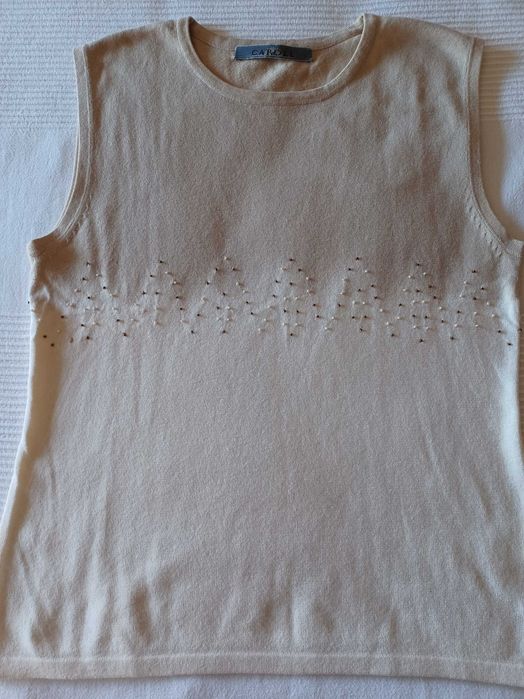 Blusa Top em 2 tons de bege bordada Caroll Tam M