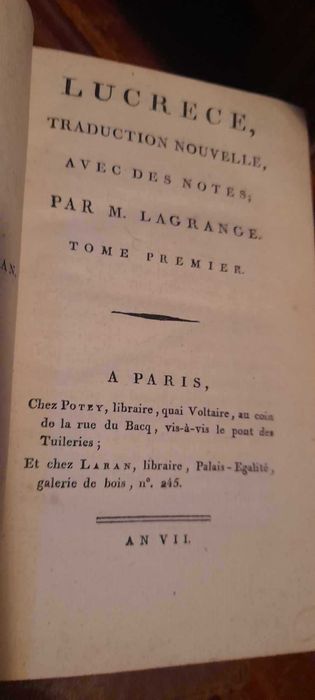 Lucrece  Traduction Nouvelle, Avec Des Notes,  M. Lagrange " volumes
