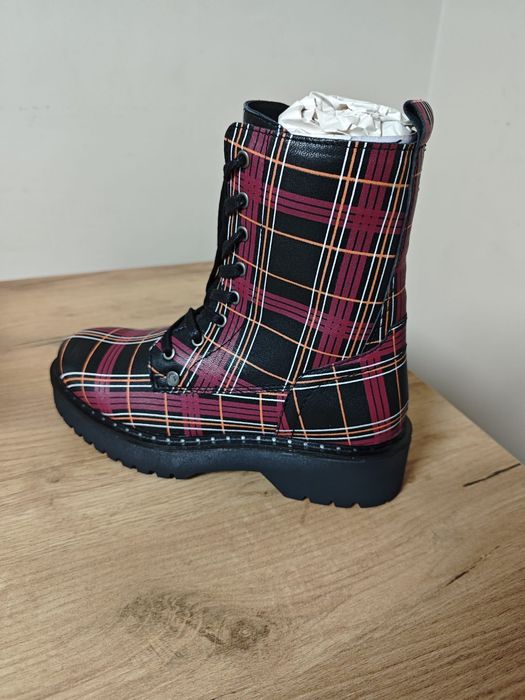 Nowe buty, wysokie, glany, w kratę, EMP Premium Black, naturalna skóra
