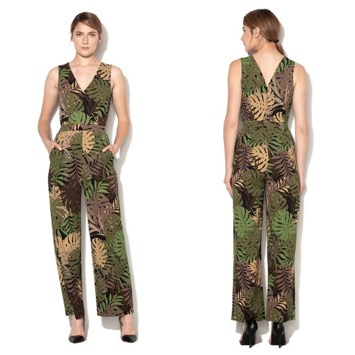 BENETTON M elegancki kombinezon tropikalny wzór liście szerokie nogawk