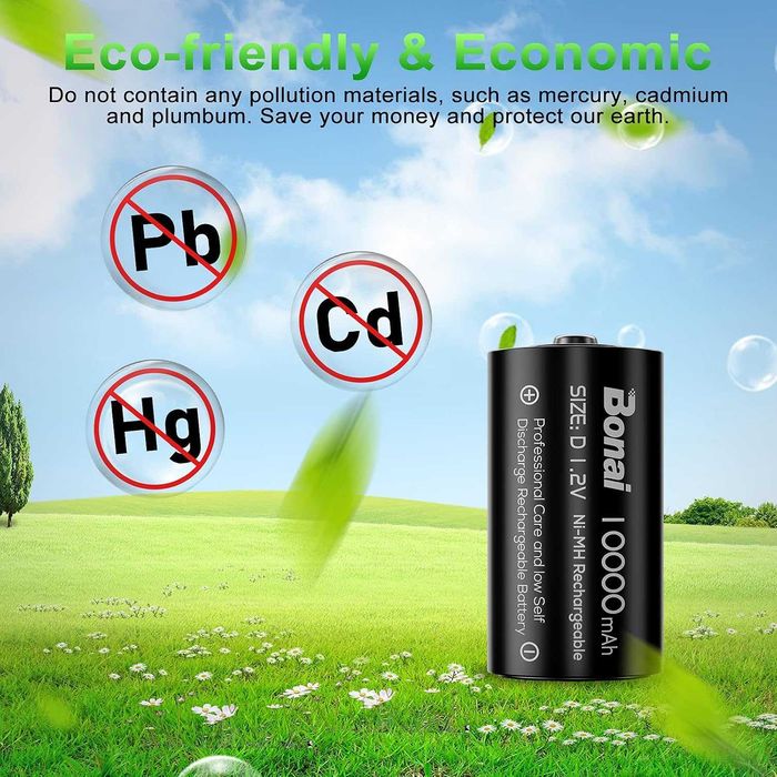 BONAI Pilhas D recarregáveis 1,2V Ni-MH 10000mAh 1200 ciclos (4 baterias / pilhas)