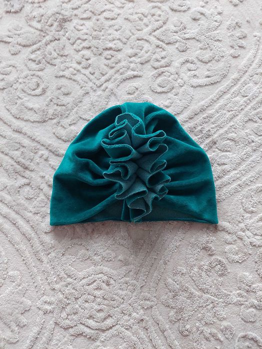 Turban welurowy ciemnozielony jak nowy 3-6mcy