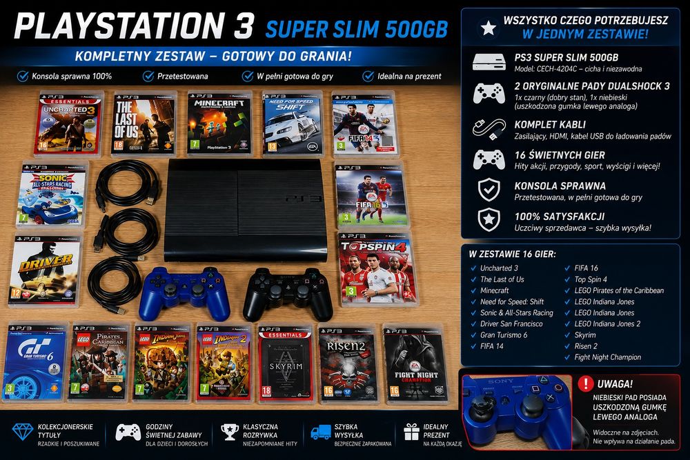 PlayStation 3 PS3 Super Slim 500GB + 2 Pady + 16 Gier + okablowanie