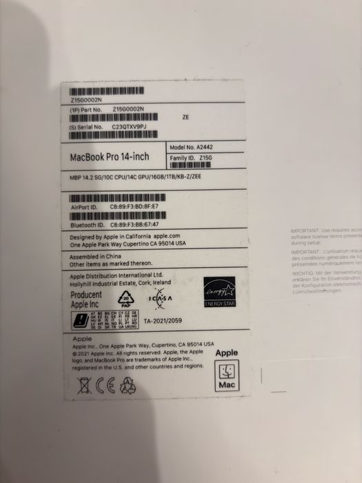 Macbook Pro 14” M1 Pro 16gb 1TB SSD (CPU 10 cores/GPU 14 cores)